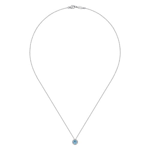 14K White Gold Round Swiss Blue Topaz and Diamond Halo Pendant Necklace