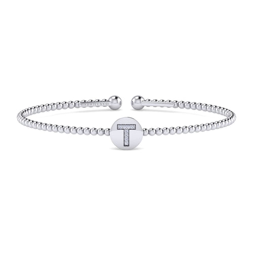 14K White Gold Round T Initial Diamond Bujukan Cuff Bracelet