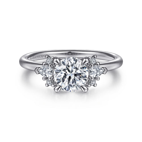 14K White Gold Round Three Stone Cluster Diamond Engagement Ring