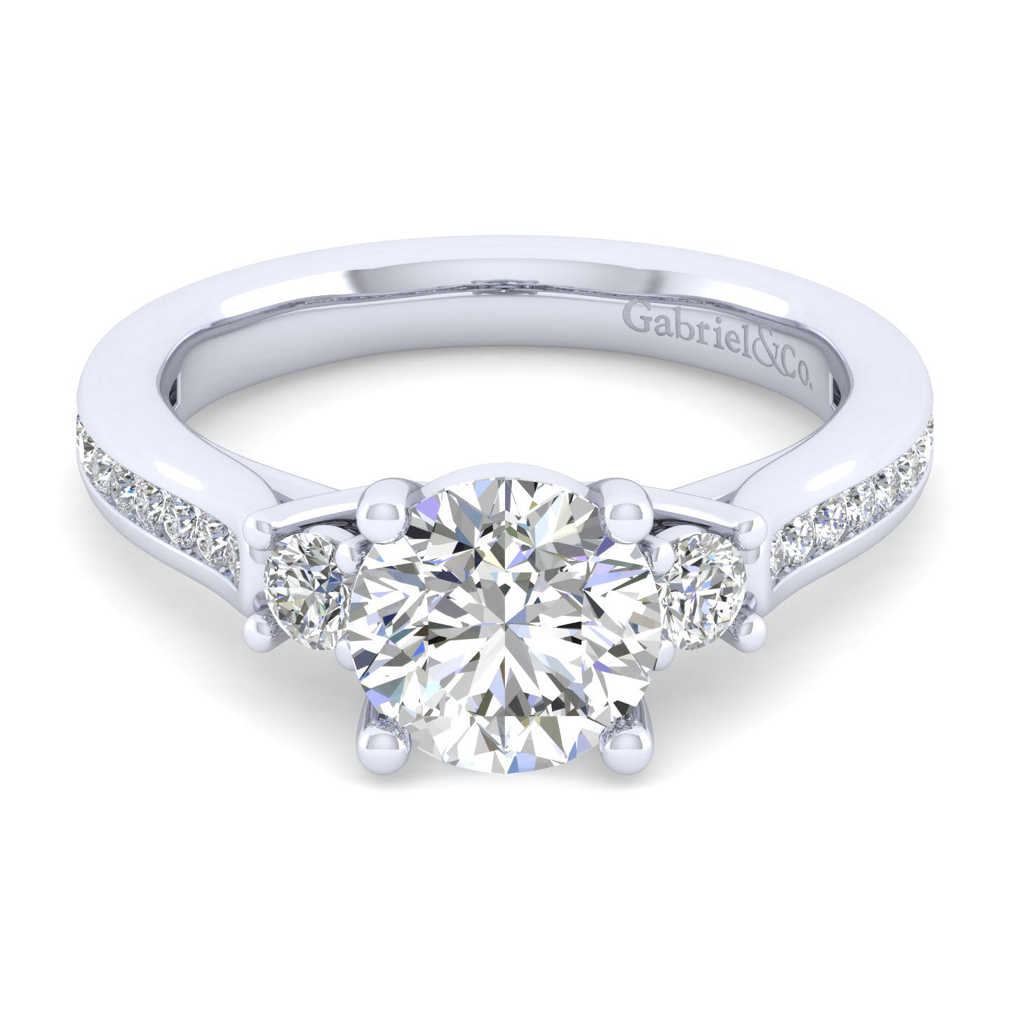 Gabriel - 14K White Gold Round Three Stone Diamond Channel Set Engagement Ring