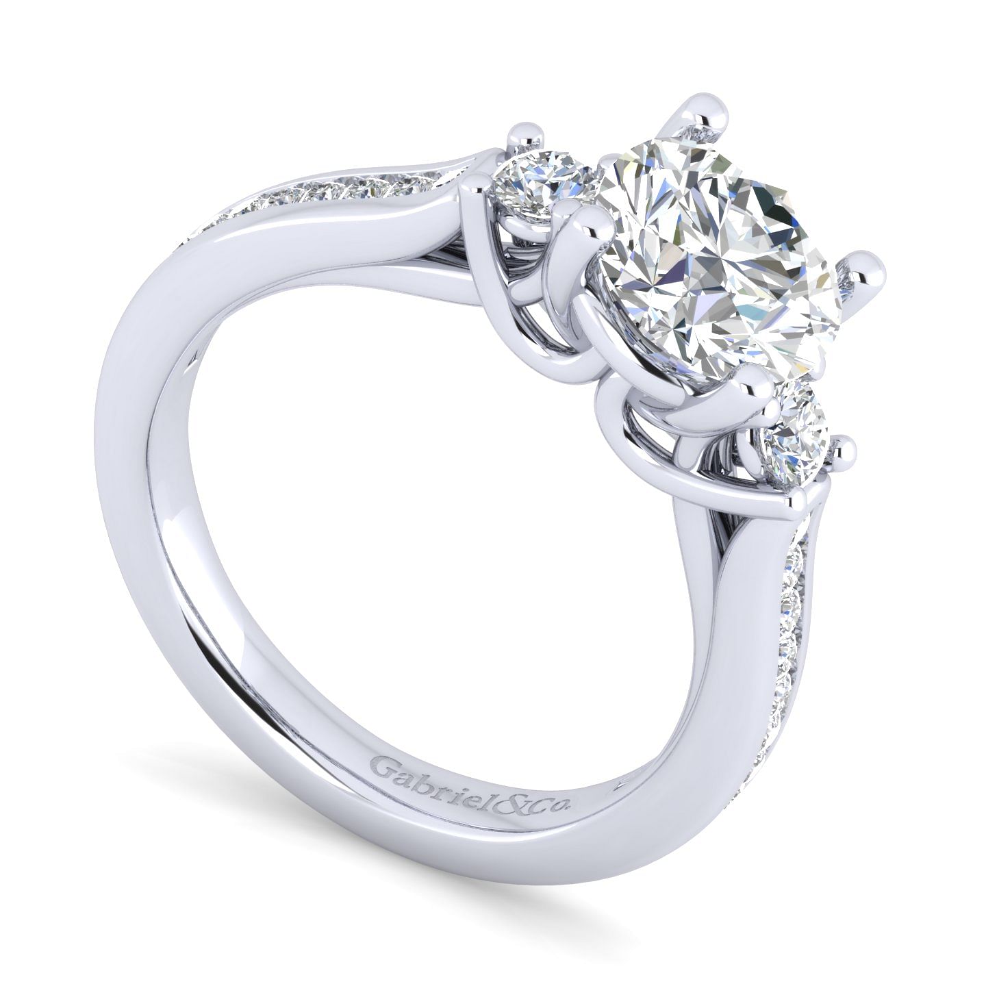 14K White Gold Round Three Stone Diamond Channel Set Engagement Ring