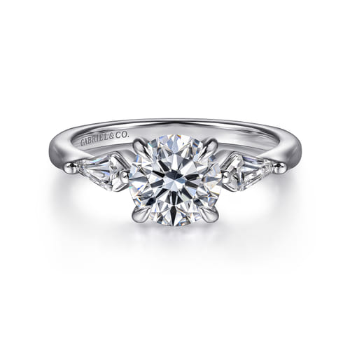 14K White Gold Round Three Stone Diamond Engagement Ring with Kite Side Stones