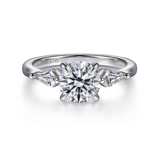 Gabriel - 14K White Gold Round Three Stone Diamond Engagement Ring with Kite Side Stones