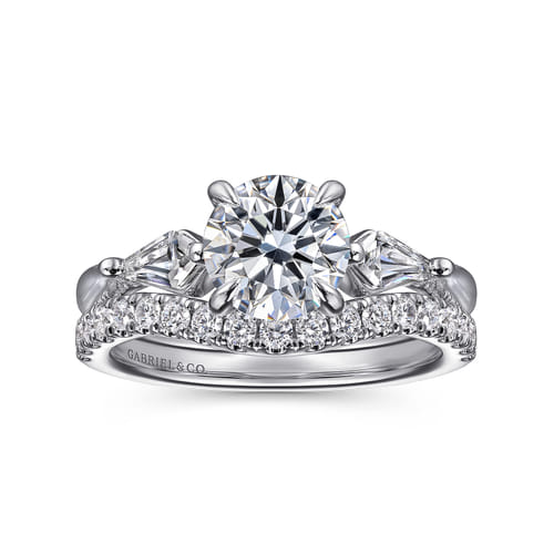14K White Gold Round Three Stone Diamond Engagement Ring with Kite Side Stones