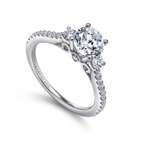 14K White Gold Round Three Stone Diamond Engagement Ring