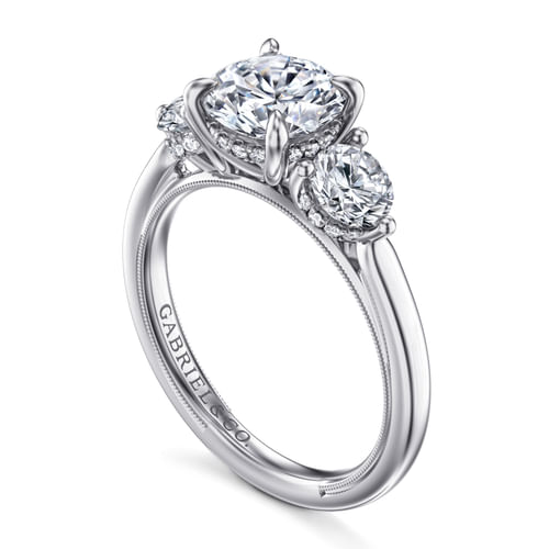 14K White Gold Round Three Stone Diamond Engagement Ring