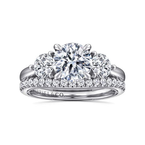14K White Gold Round Three Stone Diamond Engagement Ring