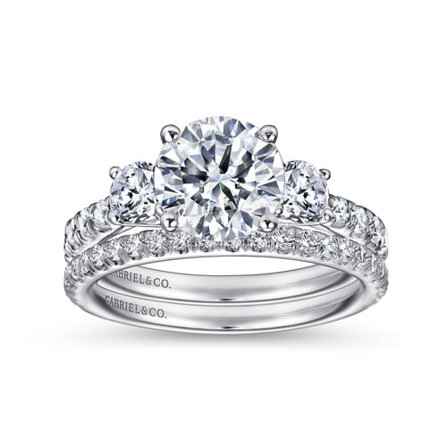 14K White Gold Round Three Stone Diamond Engagement Ring