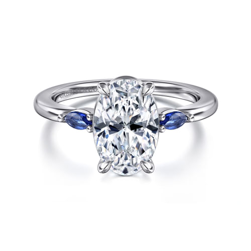 14K White Gold Round Three Stone Diamond and Sapphire Engagement Ring