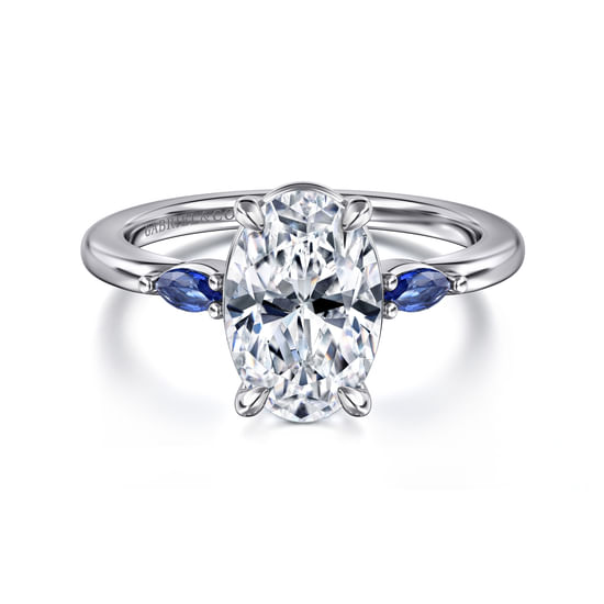 Gabriel - 14K White Gold Round Three Stone Diamond and Sapphire Engagement Ring