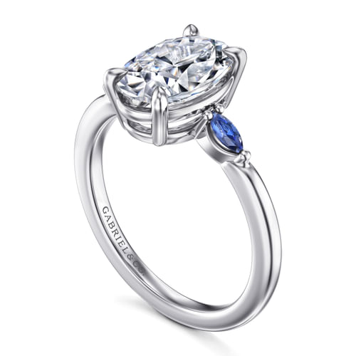 14K White Gold Round Three Stone Diamond and Sapphire Engagement Ring