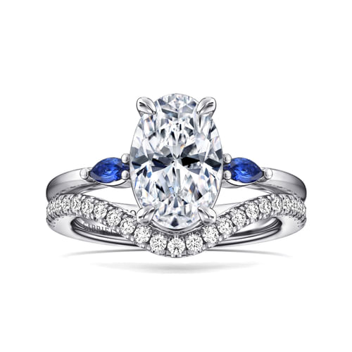14K White Gold Round Three Stone Diamond and Sapphire Engagement Ring