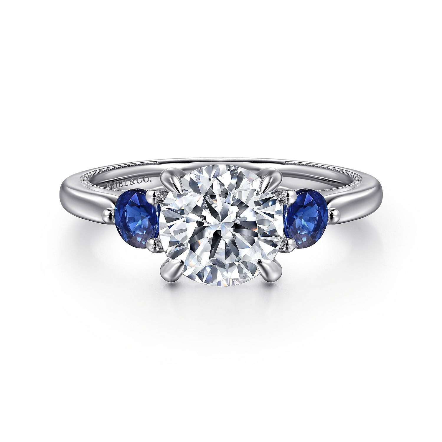 14K White Gold Round Three Stone Diamond and Sapphire Engagement Ring