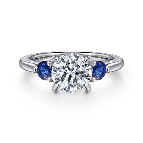 14K White Gold Round Three Stone Diamond and Sapphire Engagement Ring