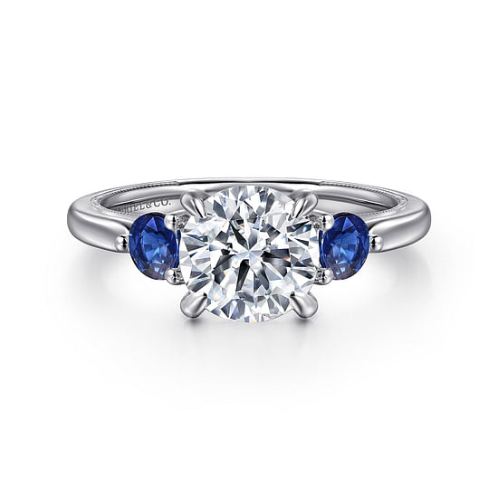 Gabriel - 14K White Gold Round Three Stone Diamond and Sapphire Engagement Ring