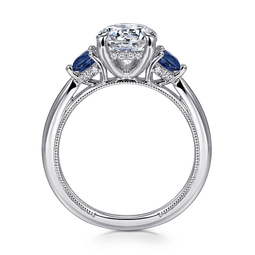 14K White Gold Round Three Stone Diamond and Sapphire Engagement Ring