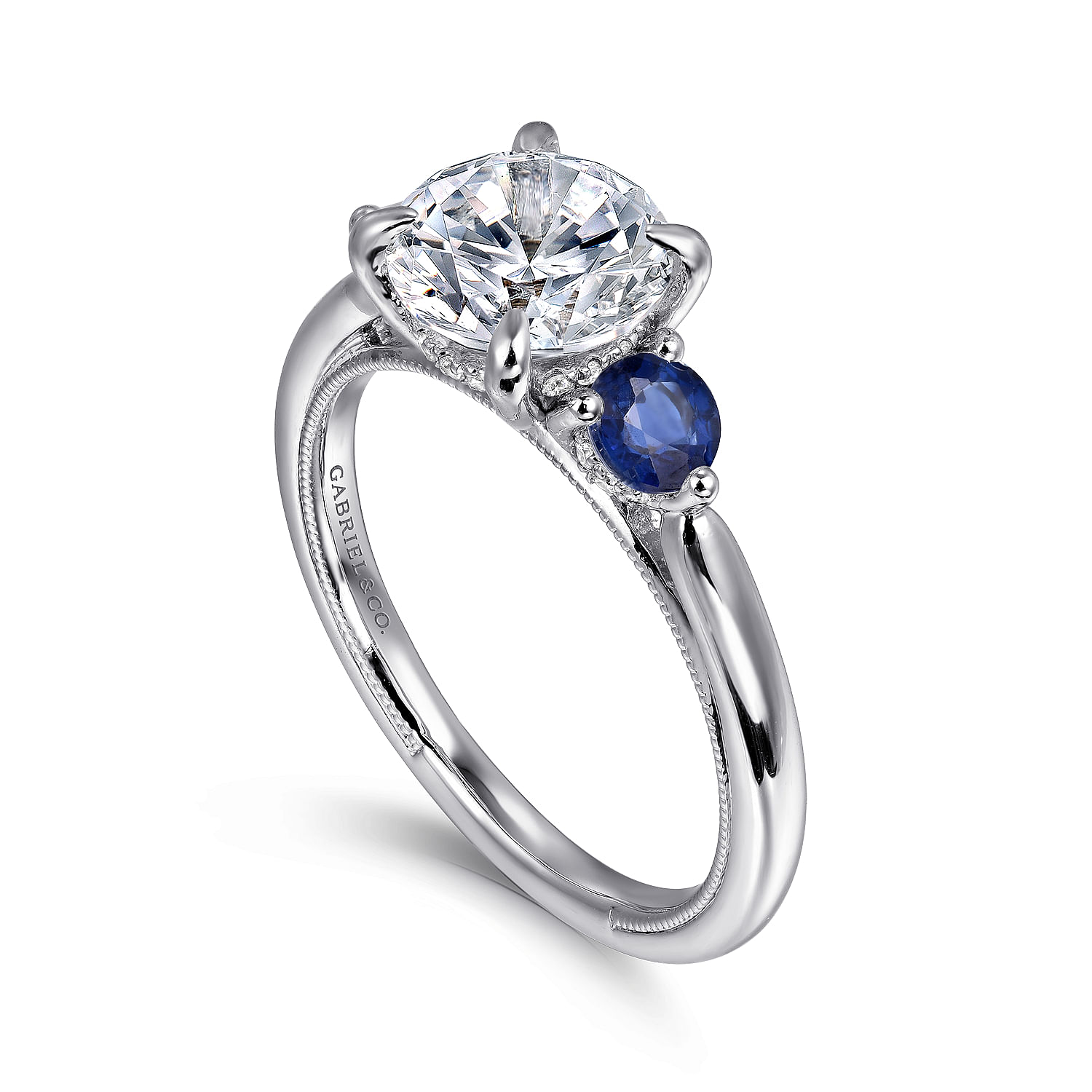 14K White Gold Round Three Stone Diamond and Sapphire Engagement Ring