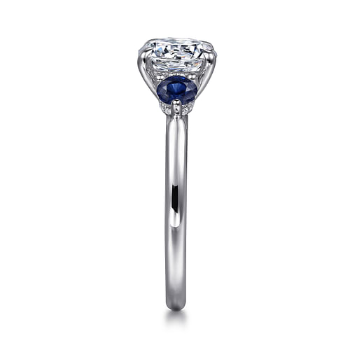 14K White Gold Round Three Stone Diamond and Sapphire Engagement Ring