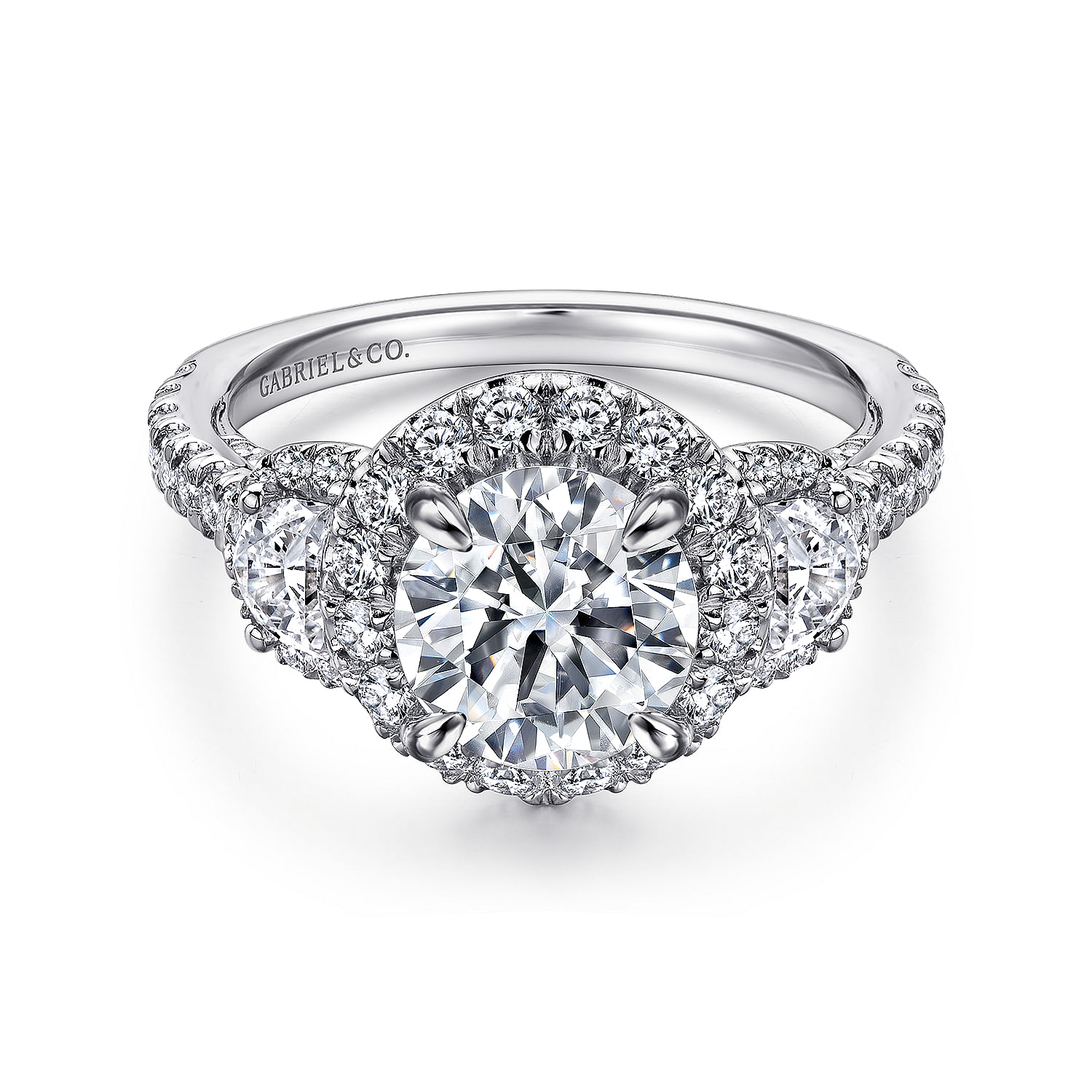 Gabriel - 14K White Gold Round Three Stone Halo Diamond Channel Set Engagement Ring