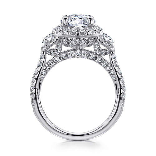 14K White Gold Round Three Stone Halo Diamond Channel Set Engagement Ring