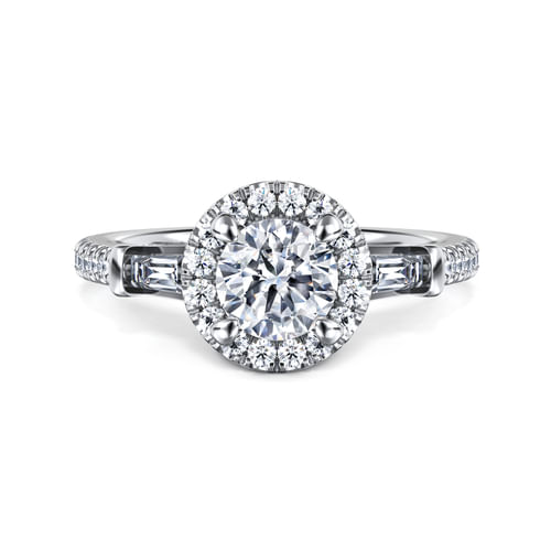 14K White Gold Round Three Stone Halo Diamond Engagement Ring