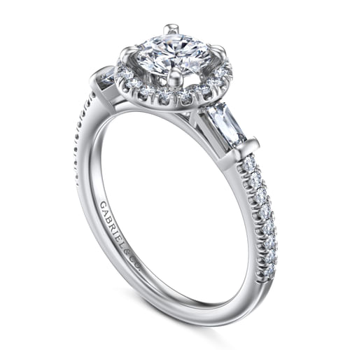 14K White Gold Round Three Stone Halo Diamond Engagement Ring