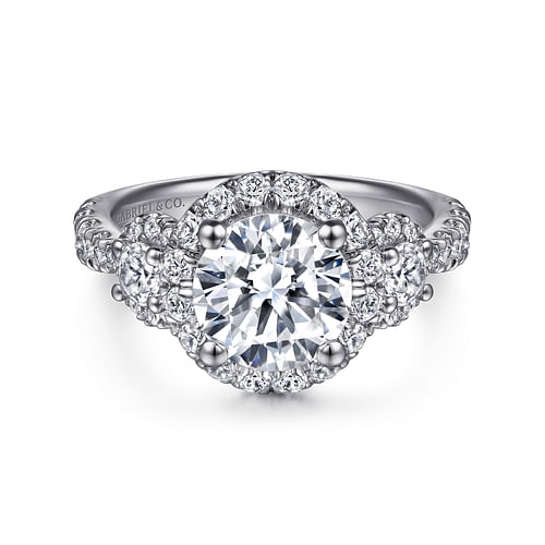 14K White Gold Round Three Stone Halo Diamond Engagement Ring