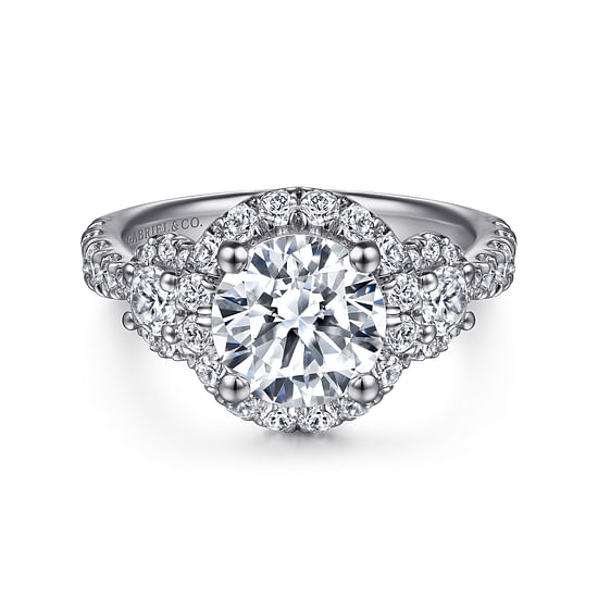 Gabriel - 14K White Gold Round Three Stone Halo Diamond Engagement Ring