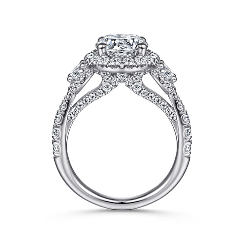 14K White Gold Round Three Stone Halo Diamond Engagement Ring