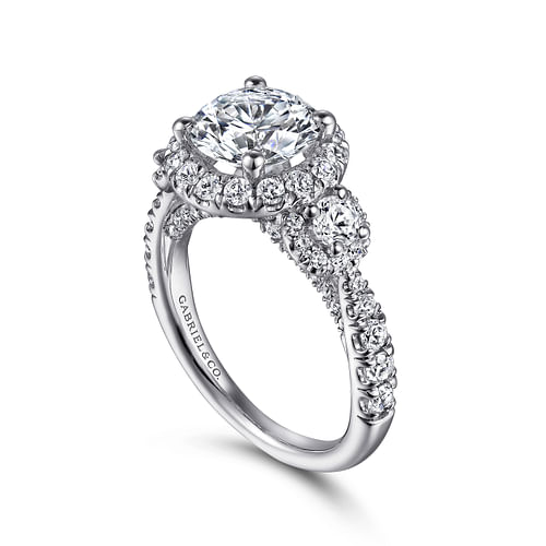 14K White Gold Round Three Stone Halo Diamond Engagement Ring