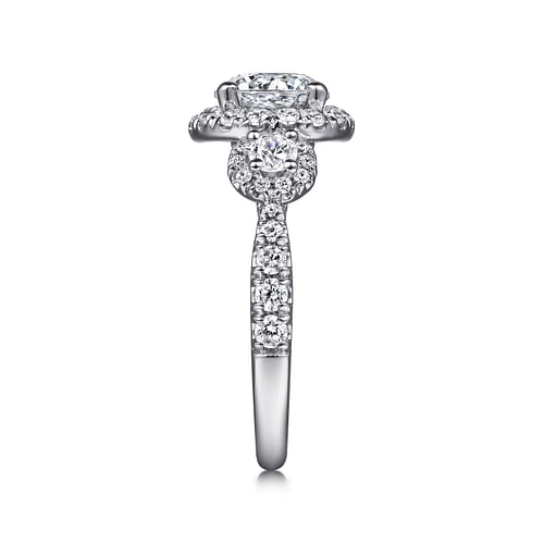 14K White Gold Round Three Stone Halo Diamond Engagement Ring