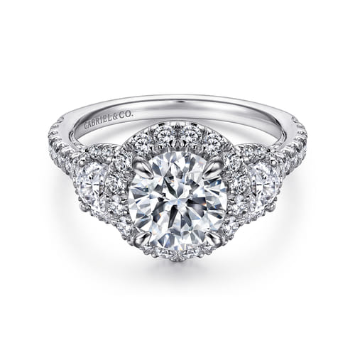 14K White Gold Round Three Stone Halo Diamond Engagement Ring 14K White Gold Round Three Stone Halo Diamond Engagement Ring