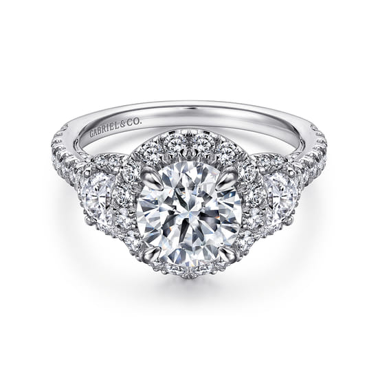 Gabriel - 14K White Gold Round Three Stone Halo Diamond Engagement Ring Gabriel - 14K White Gold Round Three Stone Halo Diamond Engagement Ring