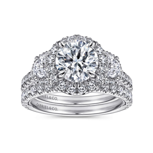 14K White Gold Round Three Stone Halo Diamond Engagement Ring 14K White Gold Round Three Stone Halo Diamond Engagement Ring