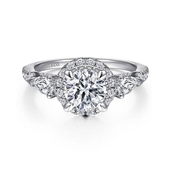 Gabriel - 14K White Gold Round Three Stone Halo Diamond Engagement Ring