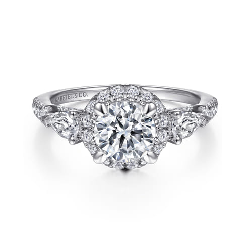 14K White Gold Round Three Stone Halo Diamond Engagement Ring 14K White Gold Round Three Stone Halo Diamond Engagement Ring