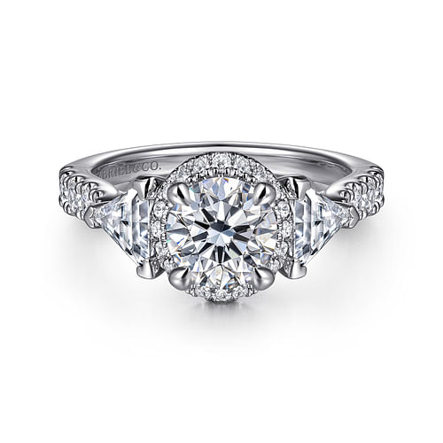 14K White Gold Round Three Stone Halo Diamond Engagement Ring