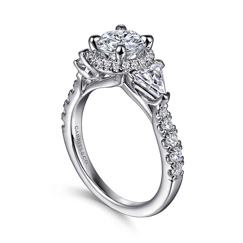 14K White Gold Round Three Stone Halo Diamond Engagement Ring