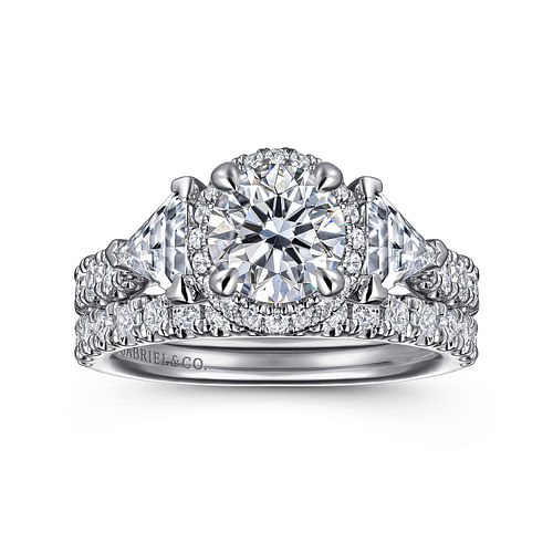 14K White Gold Round Three Stone Halo Diamond Engagement Ring