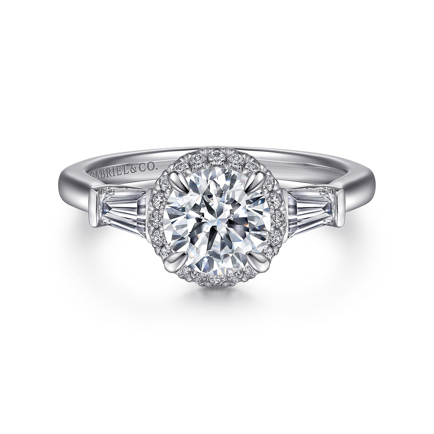 Gabriel - 14K White Gold Round Three Stone Halo Diamond Engagement Ring
