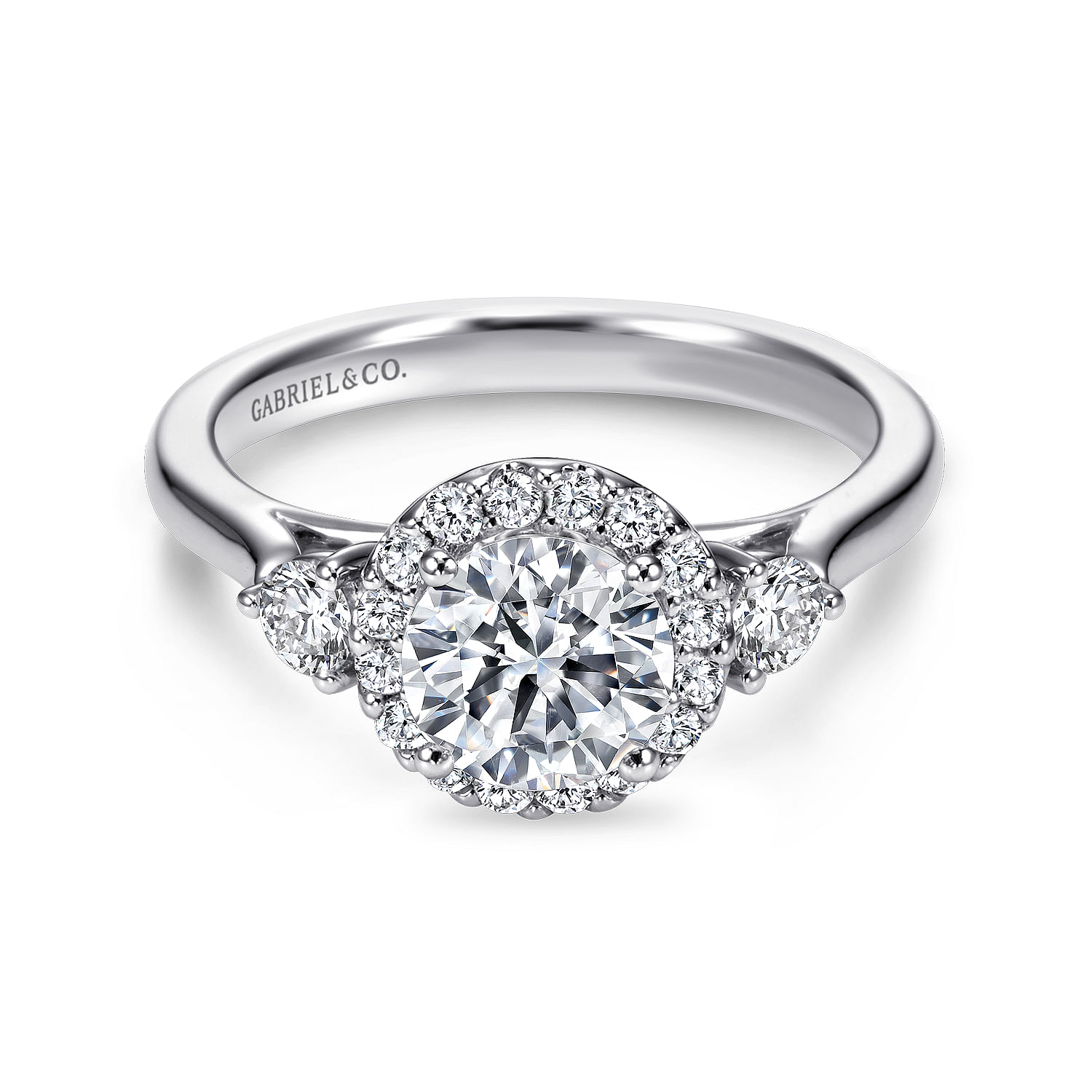 Gabriel - 14K White Gold Round Three Stone Halo Diamond Engagement Ring