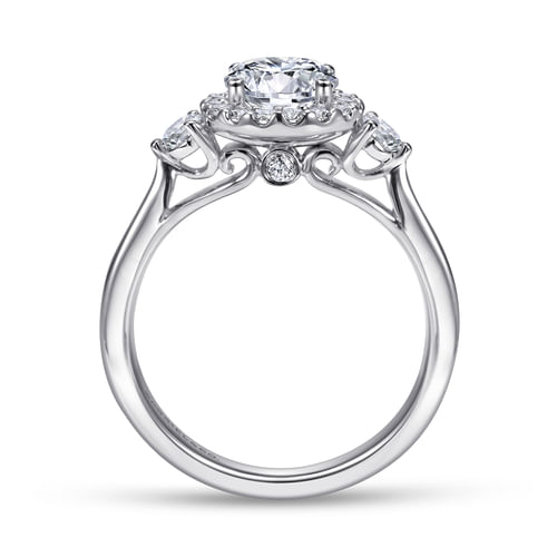 14K White Gold Round Three Stone Halo Diamond Engagement Ring