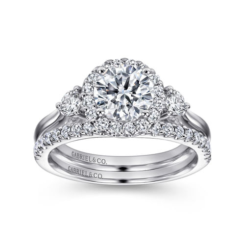 14K White Gold Round Three Stone Halo Diamond Engagement Ring