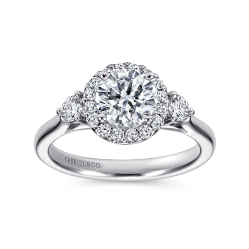 14K White Gold Round Three Stone Halo Diamond Engagement Ring