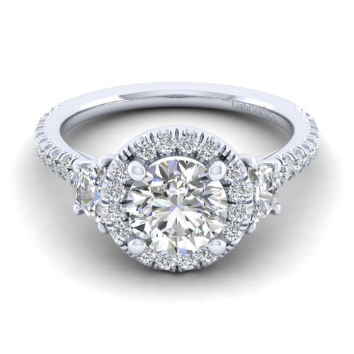14K White Gold Round Three Stone Halo Diamond Engagement Ring