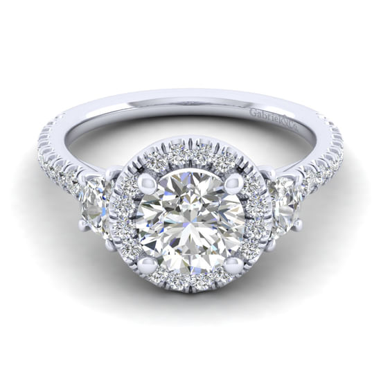 Gabriel - 14K White Gold Round Three Stone Halo Diamond Engagement Ring
