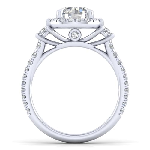 14K White Gold Round Three Stone Halo Diamond Engagement Ring