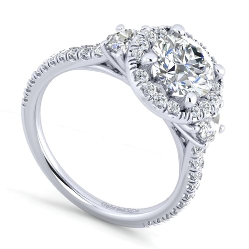 14K White Gold Round Three Stone Halo Diamond Engagement Ring