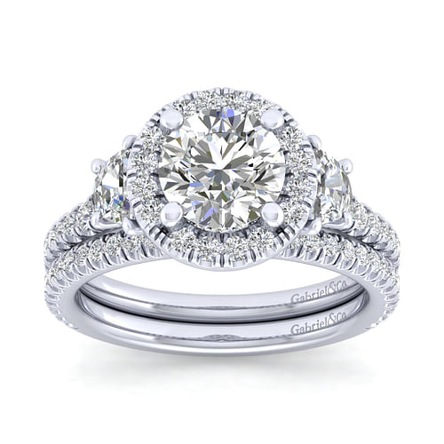 14K White Gold Round Three Stone Halo Diamond Engagement Ring