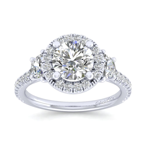 14K White Gold Round Three Stone Halo Diamond Engagement Ring